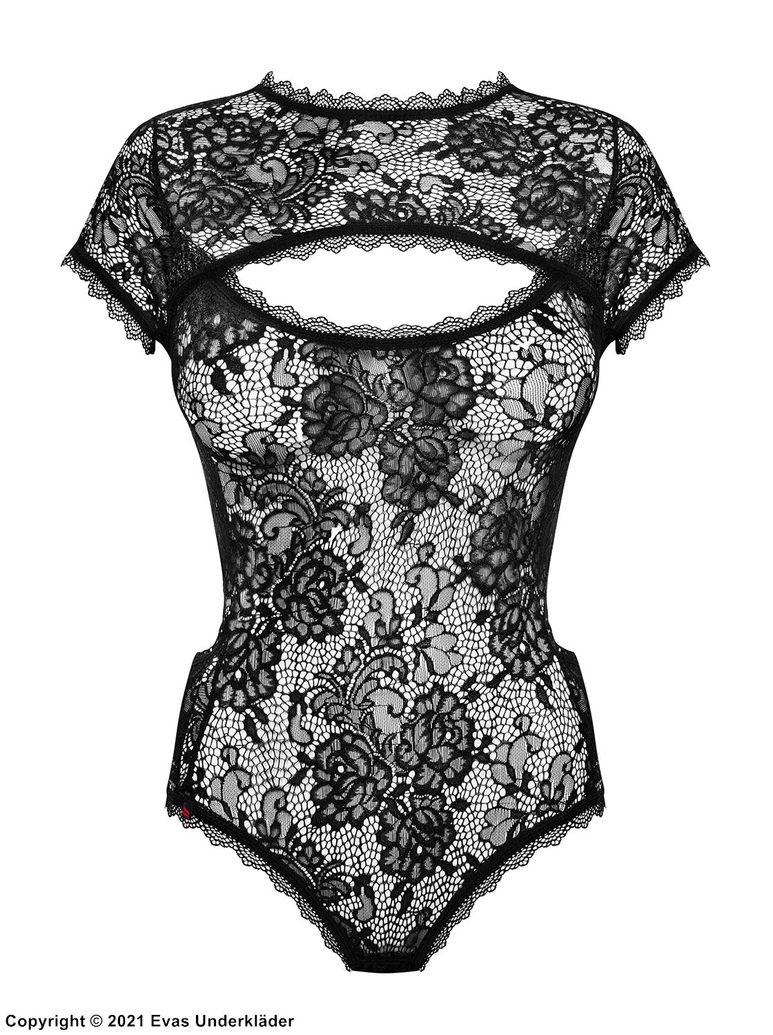 Romantischer Dessous-Teddy, transparente Spitze, kurze Ärmel, Schlüsselloch, Blumen